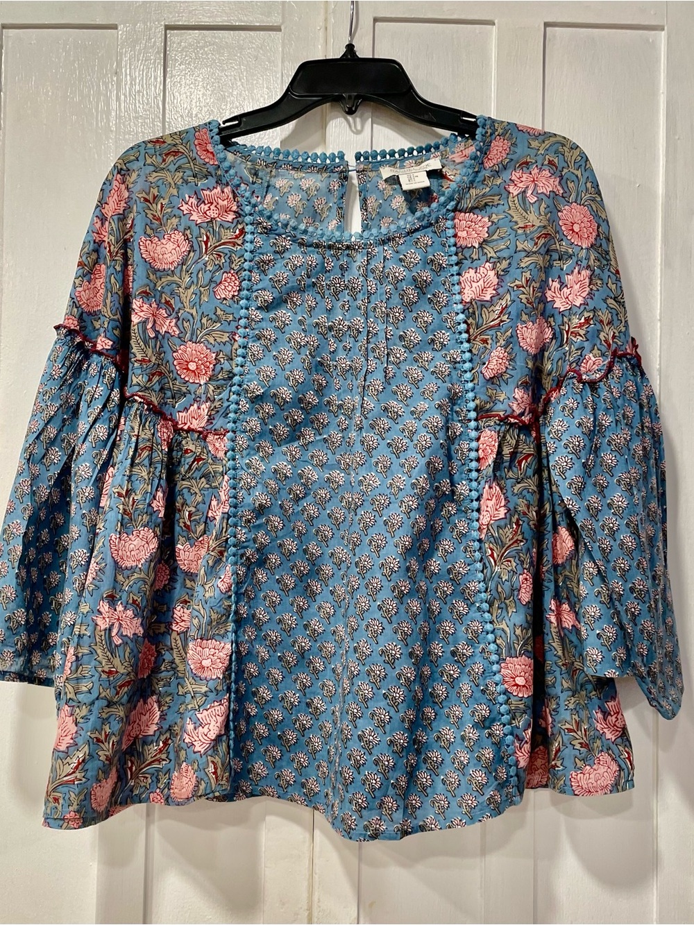 Rachel Zoe Boho Floral Bell Sleeve Top 100% Cotton Peasant Top Large fits like M